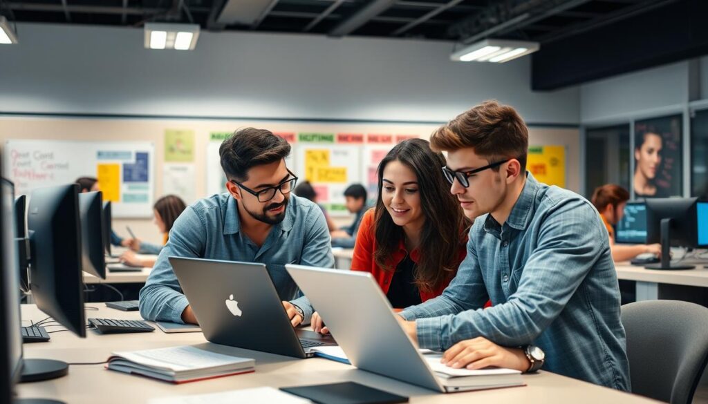 A group of diverse university students engaged in a dynamic study session inside a modern computer lab. In the foreground, two students, one male and one female, are intensely discussing programming concepts, surrounded by laptops and textbooks. The middle ground features additional students working at their desks, focused on their screens, with code visible on one monitor and algorithms written on a whiteboard behind them. The background shows high-tech equipment and colorful posters related to computer science principles. The lighting is bright and motivating, emanating from overhead LED lights, creating an energetic atmosphere. The scene conveys the challenges of studying computer science, emphasizing teamwork, concentration, and determination. The composition is captured from a slightly elevated angle, providing a comprehensive view of the study environment. A group of diverse university students engaged in a dynamic study session inside a modern computer lab. In the foreground, two students, one male and one female, are intensely discussing programming concepts, surrounded by laptops and textbooks. The middle ground features additional students working at their desks, focused on their screens, with code visible on one monitor and algorithms written on a whiteboard behind them. The background shows high-tech equipment and colorful posters related to computer science principles. The lighting is bright and motivating, emanating from overhead LED lights, creating an energetic atmosphere. The scene conveys the challenges of studying computer science, emphasizing teamwork, concentration, and determination. The composition is captured from a slightly elevated angle, providing a comprehensive view of the study environment.