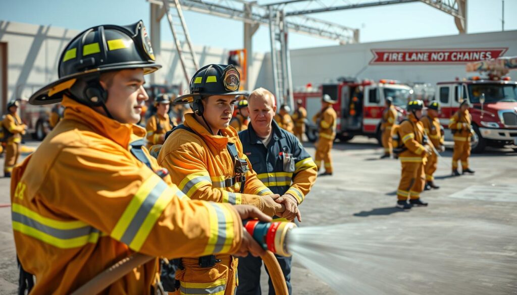 A group of firefighter trainees wearing professional uniforms engaged in various training exercises. In the foreground, two trainees are practicing using a fire hose, showcasing teamwork and determination. In the middle ground, an instructor oversees the training, emphasizing safety and technique, while additional trainees participate in different stages of drills, such as ladder climbing and fire extinguishing simulations. The background features a realistic training facility, with fire trucks and safety equipment visible. The scene is illuminated by natural sunlight, creating a dynamic and motivational atmosphere, suggesting a sense of camaraderie and discipline among aspiring firefighters. Capture a wide-angle view to encompass the entire training environment, evoking a feeling of dedication and purpose in pursuing a firefighting career. A group of firefighter trainees wearing professional uniforms engaged in various training exercises. In the foreground, two trainees are practicing using a fire hose, showcasing teamwork and determination. In the middle ground, an instructor oversees the training, emphasizing safety and technique, while additional trainees participate in different stages of drills, such as ladder climbing and fire extinguishing simulations. The background features a realistic training facility, with fire trucks and safety equipment visible. The scene is illuminated by natural sunlight, creating a dynamic and motivational atmosphere, suggesting a sense of camaraderie and discipline among aspiring firefighters. Capture a wide-angle view to encompass the entire training environment, evoking a feeling of dedication and purpose in pursuing a firefighting career.