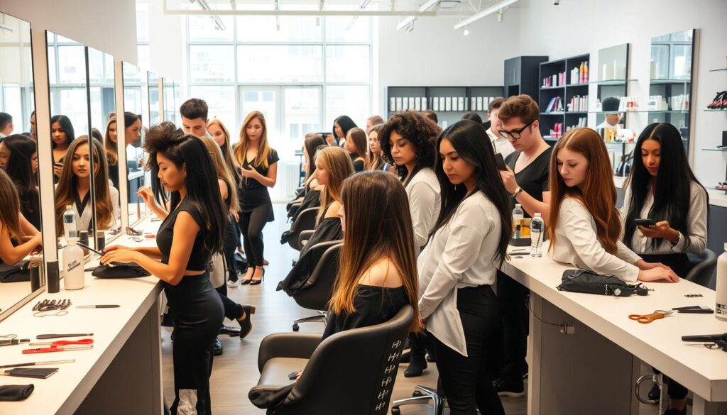 A hairdressing exam scene set in a modern salon. In the foreground, a diverse group of aspiring hairstylists, dressed in professional attire, are focused on styling mannequins with various hair types. Their expressions showcase determination and concentration. In the middle ground, a natural light-filled salon space exhibits a variety of hairdressing tools scattered on sleek countertops, along with mirrors reflecting the exam atmosphere. The background features a bright, well-organized salon, highlighting hair products and stylish decor. The overall mood should convey professionalism and ambition, with soft, warm lighting to create an inviting atmosphere. Capture the scene from a slightly elevated angle to encompass both the students and their creative environment. A hairdressing exam scene set in a modern salon. In the foreground, a diverse group of aspiring hairstylists, dressed in professional attire, are focused on styling mannequins with various hair types. Their expressions showcase determination and concentration. In the middle ground, a natural light-filled salon space exhibits a variety of hairdressing tools scattered on sleek countertops, along with mirrors reflecting the exam atmosphere. The background features a bright, well-organized salon, highlighting hair products and stylish decor. The overall mood should convey professionalism and ambition, with soft, warm lighting to create an inviting atmosphere. Capture the scene from a slightly elevated angle to encompass both the students and their creative environment.