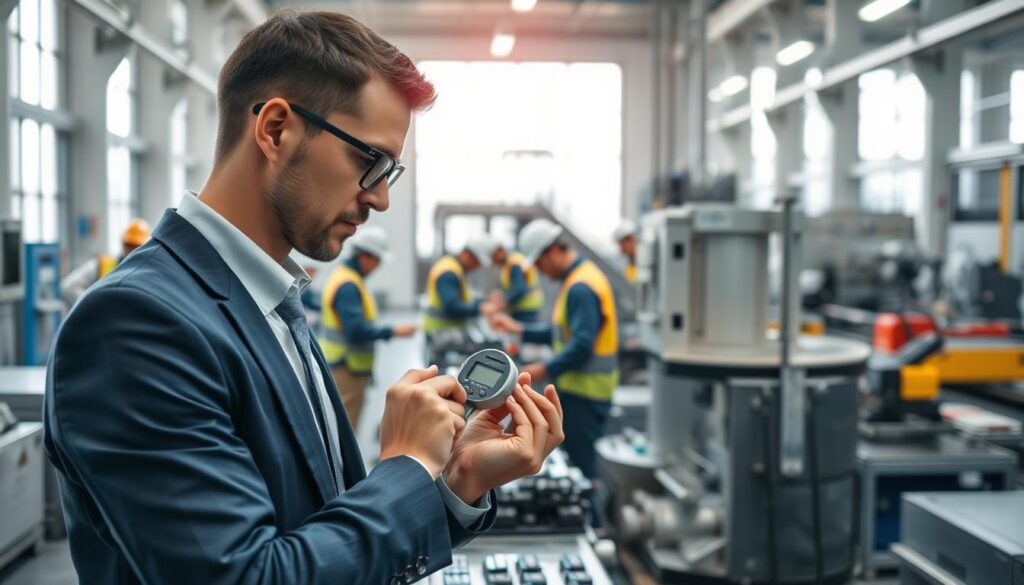 A high-quality, professional quality control scene in a modern manufacturing setting. In the foreground, a focused quality control inspector in smart business attire examines a product with a handheld digital gauge, highlighting precision and attention to detail. The middle ground features a well-organized production line with workers wearing safety gear and engaging in thorough inspections, surrounded by sleek machinery and quality assurance tools. In the background, large windows let in soft, natural light, creating a clean and inviting atmosphere. The colors are crisp, with an emphasis on blues and whites to convey trust and professionalism. The overall mood is one of diligence and high standards in manufacturing processes, reflecting the importance of quality assurance in production.
