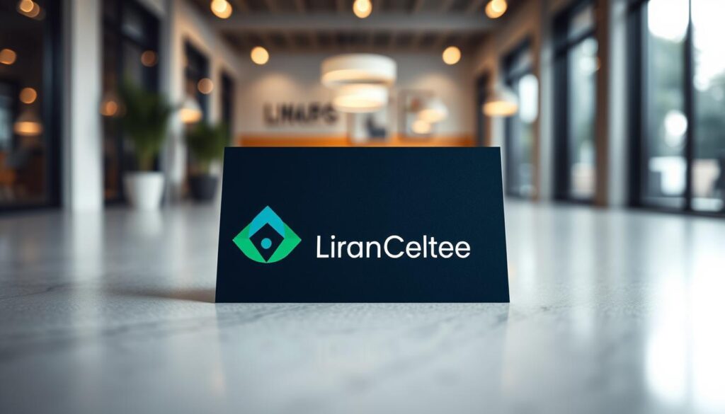 A highly detailed corporate logo design in the foreground, showcasing a blend of modern and classic elements, symbolizing professionalism and creativity. The logo should have a striking color palette, featuring deep blues and vibrant greens, crafted with a sleek and minimalist style. In the middle, an elegant business card displays the logo, reflecting how it represents the company's brand identity. The background features a soft-focus office environment with natural light filtering through glass windows, creating an inviting atmosphere. The angle captures the logo and business card prominently while maintaining a clean and organized professional setting. The overall mood is inspiring and focused, emphasizing the importance of a strong visual identity for any business.