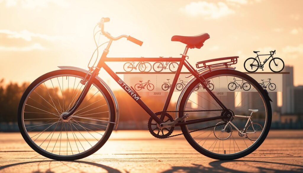 A historical depiction of the evolution of the STORM bicycle brand, featuring a split scene. In the foreground, showcase a vintage STORM bicycle from the early days, highlighted with warm, natural lighting that casts soft shadows, capturing its unique features. In the middle ground, include a timeline of notable STORM bicycle models displayed chronologically, blending seamlessly into the image. Use a subtle gradient background that transitions from a sunny outdoor setting representing the brand's roots, to an urban landscape symbolizing modernity and growth. The overall composition should evoke a sense of nostalgia and innovation, inviting viewers to reflect on the journey of the brand while maintaining a professional and clean aesthetic. Ensure there are no texts or logos present. A historical depiction of the evolution of the STORM bicycle brand, featuring a split scene. In the foreground, showcase a vintage STORM bicycle from the early days, highlighted with warm, natural lighting that casts soft shadows, capturing its unique features. In the middle ground, include a timeline of notable STORM bicycle models displayed chronologically, blending seamlessly into the image. Use a subtle gradient background that transitions from a sunny outdoor setting representing the brand's roots, to an urban landscape symbolizing modernity and growth. The overall composition should evoke a sense of nostalgia and innovation, inviting viewers to reflect on the journey of the brand while maintaining a professional and clean aesthetic. Ensure there are no texts or logos present.