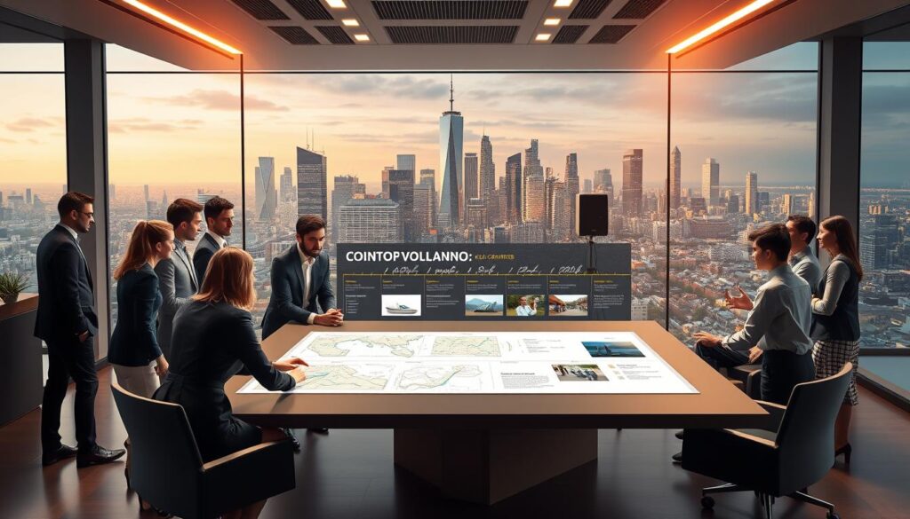A historical representation of the company Volcano, featuring a stylized office setting in the foreground with a sleek, modern design. Include a diverse group of professionals in business attire, engaged in discussions around a large conference table displaying maps and blueprints related to the company's growth. In the middle ground, display a timeline of key milestones in Volcano’s history, with images of early products and pivotal events in the company's evolution. For the background, depict an inspiring city skyline representing innovation and progress. Illuminate the scene with warm, inviting lighting to create a positive and dynamic atmosphere. Use a wide-angle perspective to capture the essence of collaboration and ambition in a corporate environment.