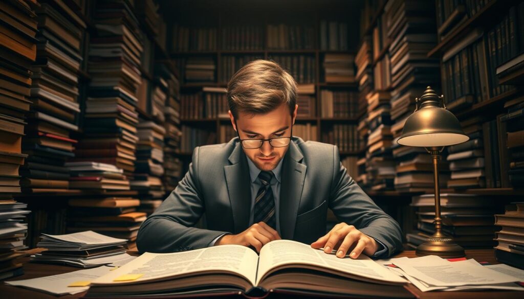 A law student sitting at a cluttered desk in a dimly lit library, surrounded by towering stacks of legal books and papers. The foreground features an open law textbook, with highlighted passages and sticky notes scattered around. In the middle, a focused student in professional business attire is deeply engrossed in study, furrowing their brow, showcasing the intensity of their concentration. In the background, shelves filled with law-related literature create a sense of academic pressure. Soft, warm lighting emanates from an antique desk lamp, casting gentle shadows that enhance the atmosphere of determination and struggle. The overall mood conveys the challenge and complexity of studying law, capturing a moment of intellectual effort and dedication. A law student sitting at a cluttered desk in a dimly lit library, surrounded by towering stacks of legal books and papers. The foreground features an open law textbook, with highlighted passages and sticky notes scattered around. In the middle, a focused student in professional business attire is deeply engrossed in study, furrowing their brow, showcasing the intensity of their concentration. In the background, shelves filled with law-related literature create a sense of academic pressure. Soft, warm lighting emanates from an antique desk lamp, casting gentle shadows that enhance the atmosphere of determination and struggle. The overall mood conveys the challenge and complexity of studying law, capturing a moment of intellectual effort and dedication.