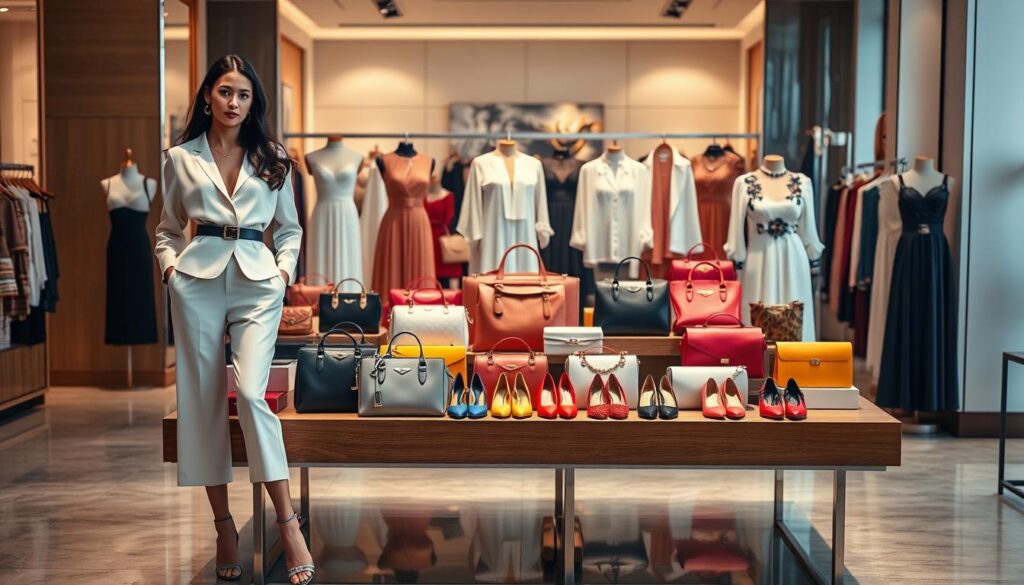 A luxurious display of Liu Jo collections, showcasing elegant women's fashion pieces, including dresses, blouses, and accessories arranged beautifully on a wooden display table. In the foreground, a stylish model wearing a chic Liu Jo outfit stands confidently, complementing the collection. The middle ground features a variety of colorful handbags and shoes neatly arranged alongside the clothing. The background is softly blurred, hinting at an upscale boutique atmosphere with polished floors and ambient soft lighting that creates a warm and inviting mood. The image should convey sophistication and contemporary fashion, taken from a slightly elevated angle to capture the details of the items artfully.