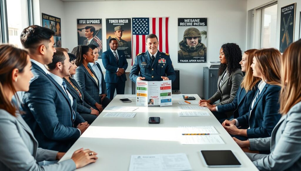 A military recruitment process scene set in a modern office environment. In the foreground, a diverse group of candidates, dressed in professional business attire, engage in discussions with a friendly military recruiter. The recruiter, a uniformed officer, is presenting a recruitment brochure, highlighting different military career paths. In the middle, a bright conference room is filled with motivational military posters and an American flag displayed on the wall. A large table is covered with application forms and informational materials. In the background, a large window allows natural sunlight to fill the room, creating an inviting atmosphere. The composition should be bright and focused, with the camera angle slightly elevated to provide a comprehensive view of the interaction, evoking a sense of opportunity and professionalism. A military recruitment process scene set in a modern office environment. In the foreground, a diverse group of candidates, dressed in professional business attire, engage in discussions with a friendly military recruiter. The recruiter, a uniformed officer, is presenting a recruitment brochure, highlighting different military career paths. In the middle, a bright conference room is filled with motivational military posters and an American flag displayed on the wall. A large table is covered with application forms and informational materials. In the background, a large window allows natural sunlight to fill the room, creating an inviting atmosphere. The composition should be bright and focused, with the camera angle slightly elevated to provide a comprehensive view of the interaction, evoking a sense of opportunity and professionalism.