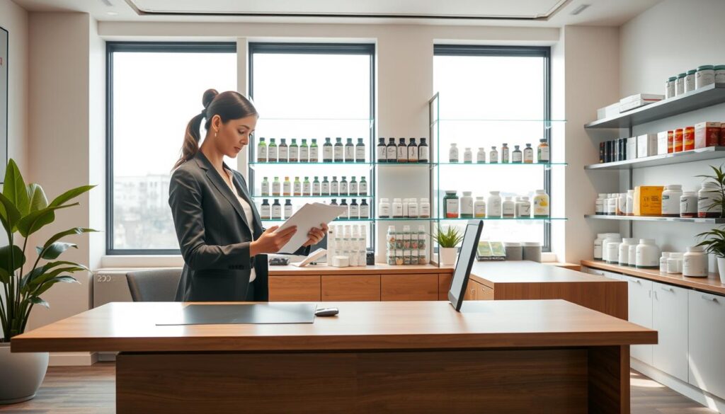 A modern and inviting office space representing the Aliness brand, with a clean and minimalist design. In the foreground, a professional woman in a smart business outfit is reviewing documents at a sleek wooden desk. In the middle, shelves filled with various wellness products and supplements branded with Aliness labels showcase the diversity of the company's offerings. The background features large windows with natural light streaming in, illuminating the space and creating a warm atmosphere. Soft, neutral colors dominate the scene, enhancing a sense of professionalism and trust. The overall mood is one of innovation and health, inviting viewers to explore the essence of the Aliness brand. A modern and inviting office space representing the Aliness brand, with a clean and minimalist design. In the foreground, a professional woman in a smart business outfit is reviewing documents at a sleek wooden desk. In the middle, shelves filled with various wellness products and supplements branded with Aliness labels showcase the diversity of the company's offerings. The background features large windows with natural light streaming in, illuminating the space and creating a warm atmosphere. Soft, neutral colors dominate the scene, enhancing a sense of professionalism and trust. The overall mood is one of innovation and health, inviting viewers to explore the essence of the Aliness brand.