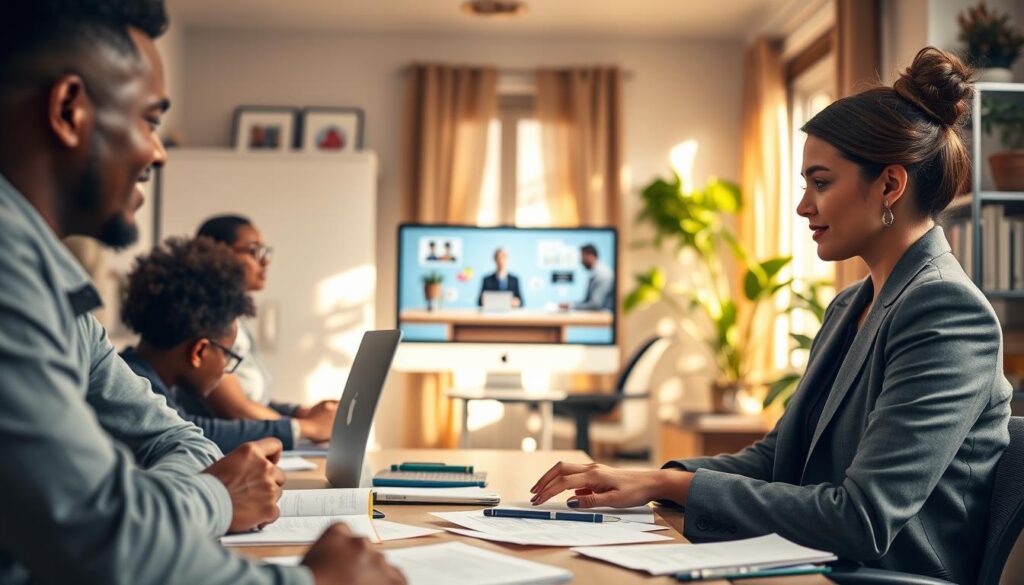A modern and inviting online learning environment, showcasing diverse, professional individuals engaged in virtual studies. In the foreground, a focused woman in professional attire sits at her laptop, immersed in an online class, with notes scattered around her. In the middle ground, a vibrant virtual classroom is visible on the computer screen, displaying a friendly instructor and interactive elements like charts and graphs. The background features a cozy home office, adorned with plants and books, bathed in warm natural light coming from a nearby window, creating a welcoming atmosphere. The mood is uplifting and motivating, highlighting the benefits of online postgraduate studies, such as flexibility, accessibility, and diverse interactions, all captured in a bright, clear focus.