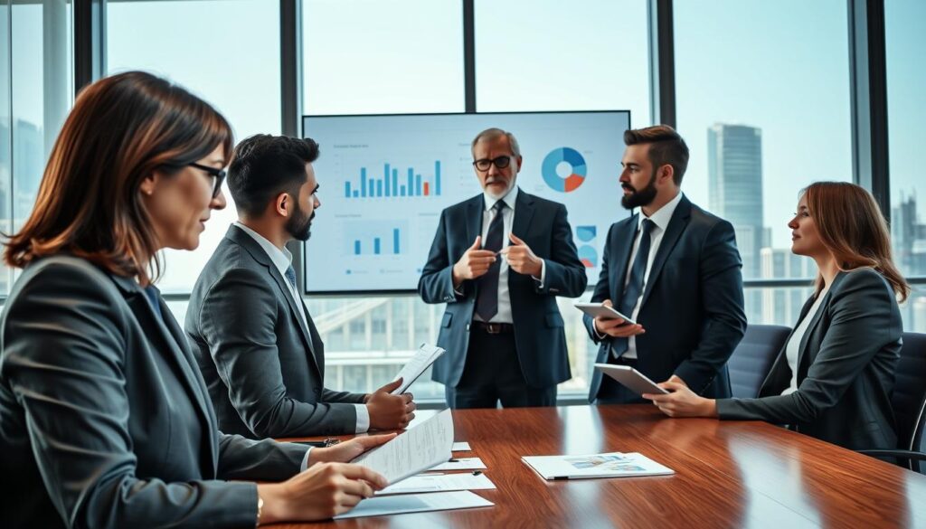 A modern boardroom setting, featuring a diverse group of five professionals engaged in a strategic discussion. In the foreground, a middle-aged woman in a tailored business suit is reviewing documents, while a young man in smart attire is taking notes on a tablet. In the center, a confident older man gestures while presenting on a screen displaying charts and graphs. The background shows a sleek, glass wall with a view of a city skyline, bringing in natural light that casts a warm glow across the room. The atmosphere is collaborative and focused, emphasizing teamwork and responsibility. The composition should highlight clear professional attire, creating a sense of authority and competence. Use a wide-angle lens to capture the entire scene, ensuring a balanced perspective.
