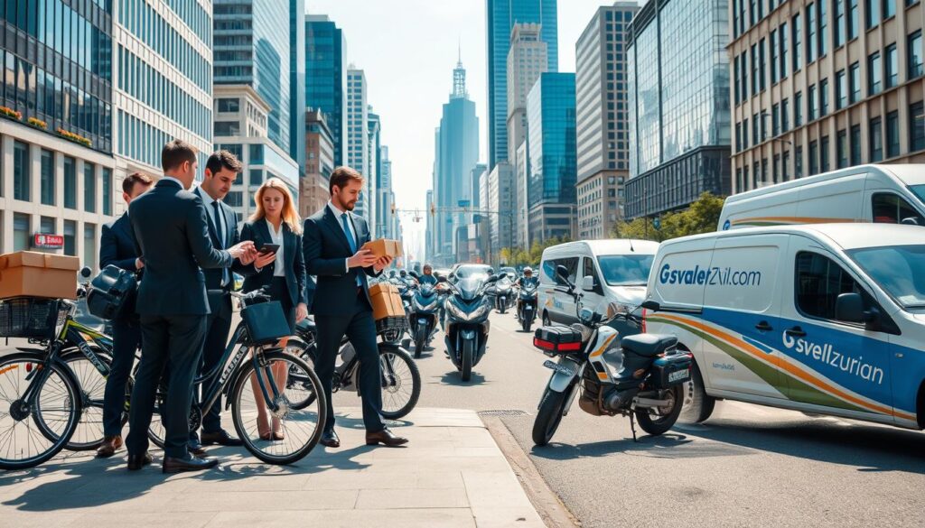 A modern cityscape showcasing various types of courier services in Poland. In the foreground, a diverse group of professionals in smart business attire, including men and women, interact with delivery packages, examining logistics. In the middle ground, different types of courier vehicles are parked: bicycles, motorbikes, and vans, each adorned with distinct company logos. The background reveals a busy urban street with skyscrapers and a clear blue sky. The scene is illuminated by soft, natural sunlight to create a warm, productive atmosphere. The composition captures the essence of urban logistics, emphasizing efficiency and professionalism in the courier industry. The image should have a slightly elevated angle to provide a comprehensive view of the bustling scene.