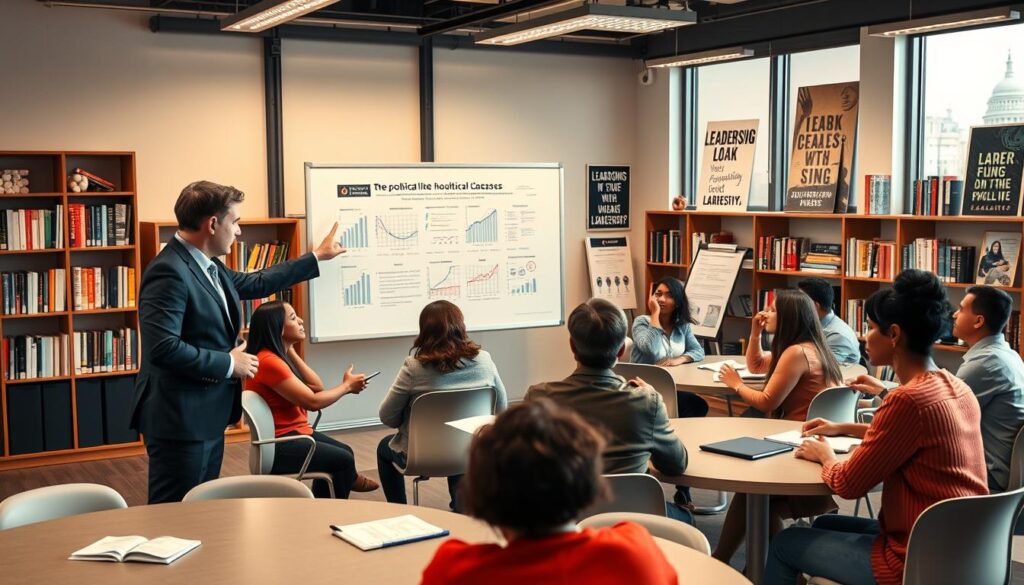 A modern classroom setting designed for political studies, featuring a diverse group of students engaged in a lively discussion. In the foreground, a confident instructor, dressed in business attire, gestures towards a whiteboard filled with charts and graphs about political theories. In the middle ground, students of various ethnicities and genders are seated at round tables, some taking notes, others debating passionately. The background showcases bookshelves lined with political literature and inspirational posters about leadership. Soft, natural light filters through large windows, creating an inviting atmosphere. The scene captures a sense of ambition and intellectual curiosity, with a slight focus on the importance of education in shaping future politicians. A modern classroom setting designed for political studies, featuring a diverse group of students engaged in a lively discussion. In the foreground, a confident instructor, dressed in business attire, gestures towards a whiteboard filled with charts and graphs about political theories. In the middle ground, students of various ethnicities and genders are seated at round tables, some taking notes, others debating passionately. The background showcases bookshelves lined with political literature and inspirational posters about leadership. Soft, natural light filters through large windows, creating an inviting atmosphere. The scene captures a sense of ambition and intellectual curiosity, with a slight focus on the importance of education in shaping future politicians.