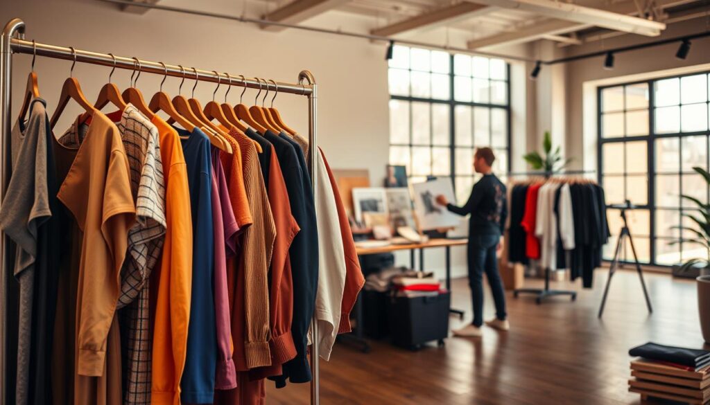 A modern clothing studio showcasing the Brave Soul brand. In the foreground, display an elegant rack filled with a variety of vibrant and stylish casual wear, emphasizing contemporary designs and high-quality fabrics. The middle ground features a minimalist workspace with a designer sketching new concepts, surrounded by fabric swatches and tools, conveying creativity and fashion innovation. In the background, large windows let in warm, natural light, enhancing the inviting atmosphere of the studio. The overall mood is inspiring and artistic, reflecting the essence of a forward-thinking clothing brand. Use soft focus to emphasize the clothing while keeping the designer in sharp detail. The angle should be slightly elevated, providing a comprehensive view of the studio while maintaining a warm and professional aesthetic.