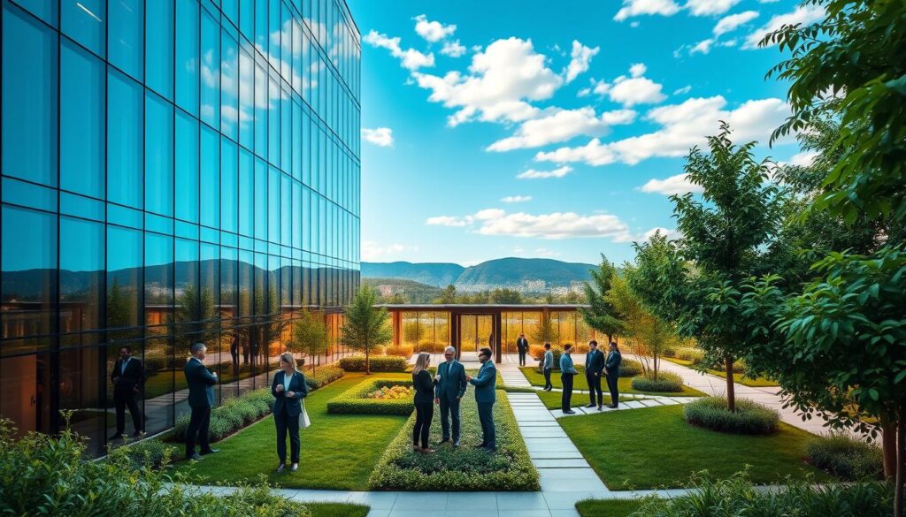 A modern corporate office building showcasing the headquarters of a European company surrounded by lush greenery. In the foreground, a sleek glass facade reflects the vibrant blue sky, while well-dressed professionals in business attire are seen engaging in conversation and collaborating. The middle of the scene features an inviting entrance with landscaped gardens and pathways leading to the main door. In the background, gentle hills and a city skyline are visible, hinting at a bustling economic environment. Soft, warm lighting illuminates the scene, creating a welcoming atmosphere, while a wide-angle lens captures the grandeur of the structure. The mood is professional yet approachable, emphasizing a blend of nature and modern business life.