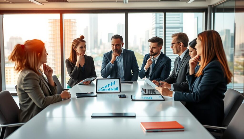 A modern corporate office environment, showcasing a professional setting with a sleek conference table and comfortable chairs. In the foreground, a diverse group of business people dressed in smart casual and professional attire engage in a discussion, expressing thoughtful opinions about Lehmann. Their expressions reflect interest and contemplation, as they refer to digital devices displaying charts and graphs. The background features large windows with a view of a bustling cityscape, illuminated by warm, natural light, creating an inviting atmosphere. The camera angle is slightly elevated, capturing the dynamic interaction among the individuals while providing a clear view of the office surroundings. The overall mood is collaborative and focused, emphasizing the theme of professional evaluation.