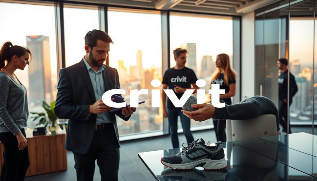 A modern corporate office environment showcasing the essence of "Crivit," a sports apparel company. In the foreground, a professional-looking individual dressed in smart casual clothing is examining a Crivit product, such as sports shoes or activewear. The middle ground features other employees engaging in discussion, with visible Crivit logo apparel. The background includes a large window revealing a vibrant city skyline, bathing the room in warm, soft natural light. The overall mood is energetic and collaborative, highlighting innovation and teamwork. The angle is slightly elevated, capturing the entire scene while maintaining focus on the Crivit products, ensuring a professional atmosphere.