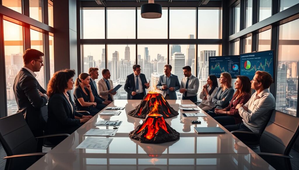 A modern corporate office environment showcasing the essence of the company "Volcano." In the foreground, a diverse group of professionals in business attire engaged in a dynamic brainstorming session, surrounded by charts and digital screens displaying data relevant to business operations. The middle ground features a sleek conference table with a volcano-themed centerpiece, symbolizing innovation and strength. In the background, large windows offer a view of a bustling city skyline, bathed in warm, natural light that conveys a sense of possibility and growth. The atmosphere is energetic and collaborative, highlighting team synergy. The lens captures the scene from a slightly elevated angle, emphasizing the group’s engagement and the contemporary design of the office space.