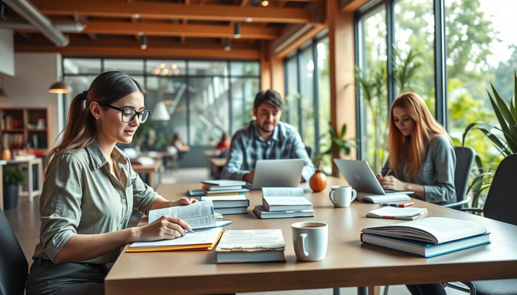 A modern educational scene illustrating the concept of part-time studies, featuring a stylish, open study space. In the foreground, a diverse group of three students engaged in focused study—one woman with glasses in business casual attire, a man with a laptop, and another woman writing notes. The middle showcases a large table covered with books, notebooks, and a coffee cup, emphasizing the learning environment. In the background, large windows allow natural light to flood the room, with greenery outside creating a serene atmosphere. The overall mood is one of productivity and collaboration, with a warm and inviting color palette, well-lit by soft, ambient lighting. The scene captures the essence of flexible education, blending work and learning seamlessly. A modern educational scene illustrating the concept of part-time studies, featuring a stylish, open study space. In the foreground, a diverse group of three students engaged in focused study—one woman with glasses in business casual attire, a man with a laptop, and another woman writing notes. The middle showcases a large table covered with books, notebooks, and a coffee cup, emphasizing the learning environment. In the background, large windows allow natural light to flood the room, with greenery outside creating a serene atmosphere. The overall mood is one of productivity and collaboration, with a warm and inviting color palette, well-lit by soft, ambient lighting. The scene captures the essence of flexible education, blending work and learning seamlessly.