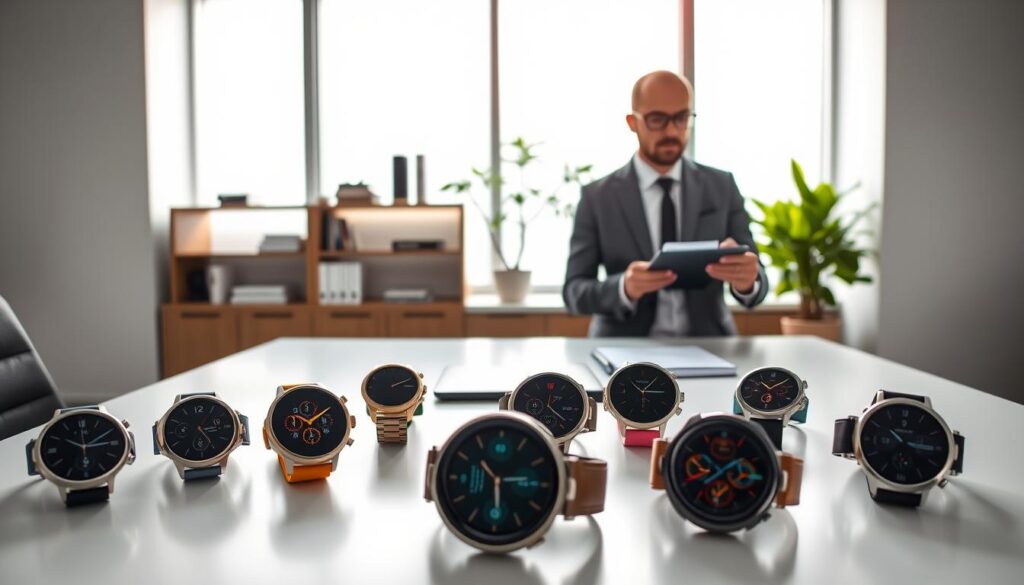 A modern, elegant workspace showcasing a variety of Amazfit smartwatches prominently displayed on a sleek desk. In the foreground, a person in professional business attire is analyzing the watches, taking notes on a digital tablet. The middle background features stylish shelves with technology books and a minimalistic plant, adding a touch of greenery. The overall atmosphere is bright and inviting, illuminated by soft natural light streaming through a large window, casting gentle shadows. The composition is framed at a slight angle to create depth, emphasizing the focus on both the watches and the engaged user. The mood conveys productivity and curiosity, inviting viewers to explore the opinions and insights about Amazfit.