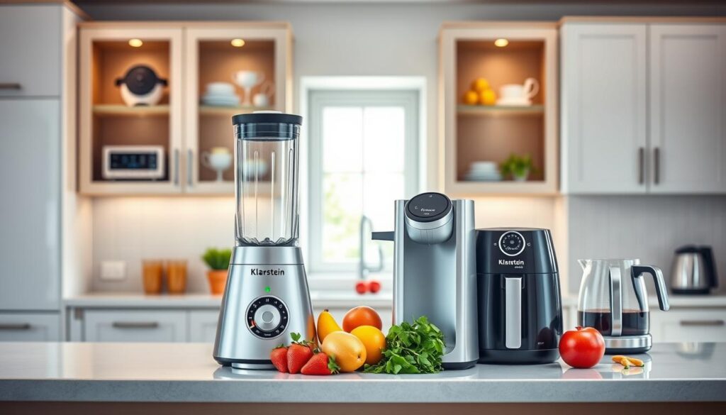 A modern kitchen scene featuring a variety of Klarstein products neatly arranged on a sleek countertop. In the foreground, showcase a stylish Klarstein blender and a chic coffee maker, both designed with elegant lines and contemporary finishes. In the middle, display a vibrant array of fresh fruits and herbs, emphasizing the functionality of the blender. The background features an inviting, well-lit kitchen with cabinets displaying other Klarstein appliances, like an air fryer and a stylish kettle. Soft, natural light filters in through a nearby window, creating a warm and welcoming atmosphere. The overall mood is vibrant and modern, reflecting innovation and contemporary kitchen aesthetics, captured with a shallow depth of field to highlight the products clearly. A modern kitchen scene featuring a variety of Klarstein products neatly arranged on a sleek countertop. In the foreground, showcase a stylish Klarstein blender and a chic coffee maker, both designed with elegant lines and contemporary finishes. In the middle, display a vibrant array of fresh fruits and herbs, emphasizing the functionality of the blender. The background features an inviting, well-lit kitchen with cabinets displaying other Klarstein appliances, like an air fryer and a stylish kettle. Soft, natural light filters in through a nearby window, creating a warm and welcoming atmosphere. The overall mood is vibrant and modern, reflecting innovation and contemporary kitchen aesthetics, captured with a shallow depth of field to highlight the products clearly.