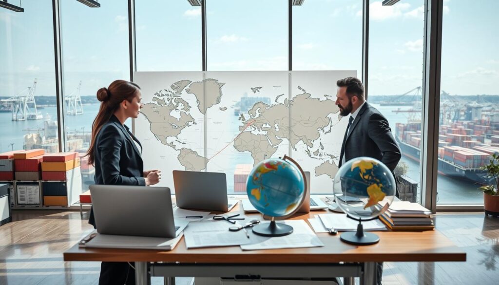 A modern logistics office setting, vividly illustrating the concept of a freight forwarding company. In the foreground, a professionally dressed woman and man are engaged in a discussion over a large map displaying global shipping routes. They appear focused and collaborative, exuding a sense of professionalism. In the middle ground, a large desk cluttered with shipping documents, a laptop, and a globe highlights their operational tasks. In the background, a window shows a bustling port with ships and containers, indicating international transport. The atmosphere is dynamic and bustling, with bright, natural light flooding in, enhancing the sense of activity and purpose in the logistics industry. The scene is captured from a slightly elevated angle, providing a comprehensive view of the environment.