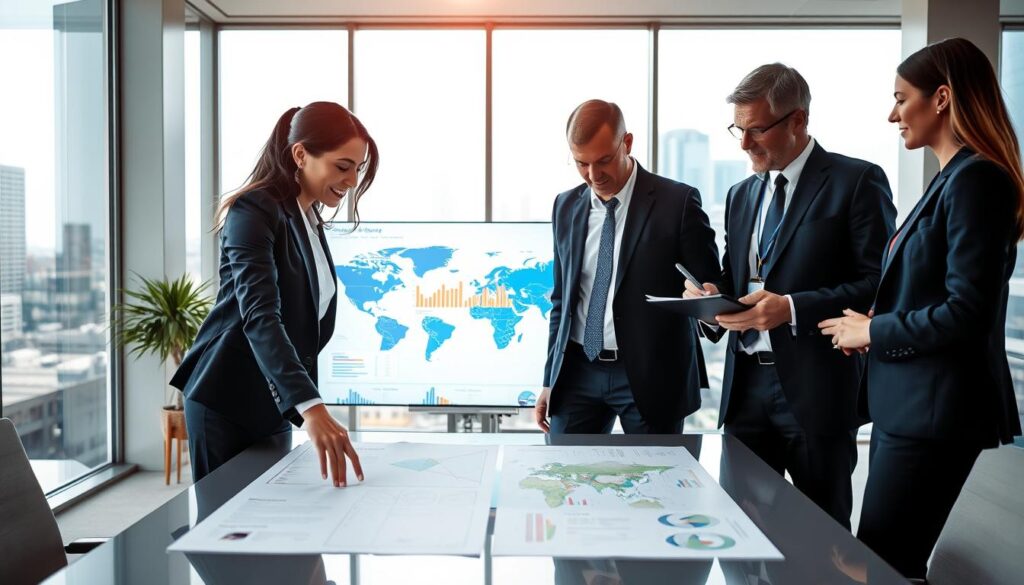 A modern logistics office setting with a diverse group of professionals in smart business attire collaborating over a large digital map and shipping documents on a sleek table. In the foreground, a confident female logistics manager, pointing at the map, while a male analyst takes notes. The middle of the composition features a large screen displaying real-time shipping data and graphs, highlighting efficiency and teamwork. The background shows large windows allowing natural light to flood the room, with cityscape views symbolizing global connectivity. The atmosphere is vibrant and productive, conveying a sense of trust and collaboration in the freight shipping industry, emphasizing the benefits of working with a logistics company. The lighting is bright and inviting, creating a positive, engaging environment.