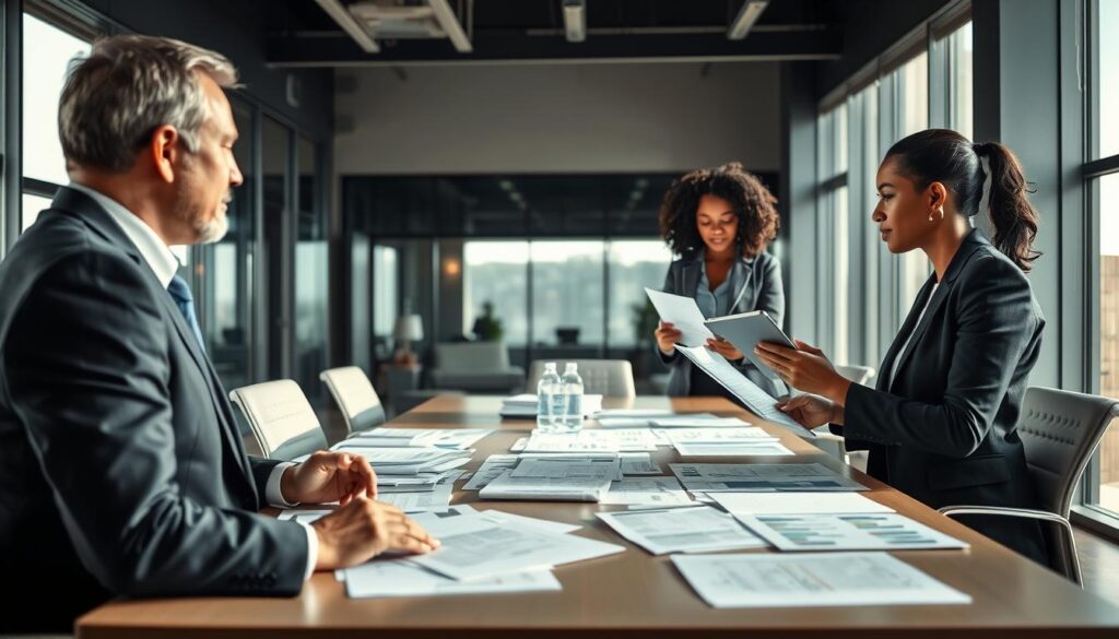 A modern office environment depicting a professional meeting between a client and a debt collection agency representative. In the foreground, a middle-aged man in a sharp suit engages in conversation, while the agency representative, a diverse, professional woman in formal attire, presents documents and graphs on a tablet. In the middle, a large conference table cluttered with legal papers and business contracts, indicating a serious discussion. The background features a sleek office with large windows allowing natural light to flood the space, casting soft shadows. The atmosphere is focused and collaborative, with an air of professionalism and determination. The lighting is bright yet warm, creating an inviting yet serious mood, captured through an eye-level angle to emphasize the importance of the meeting.