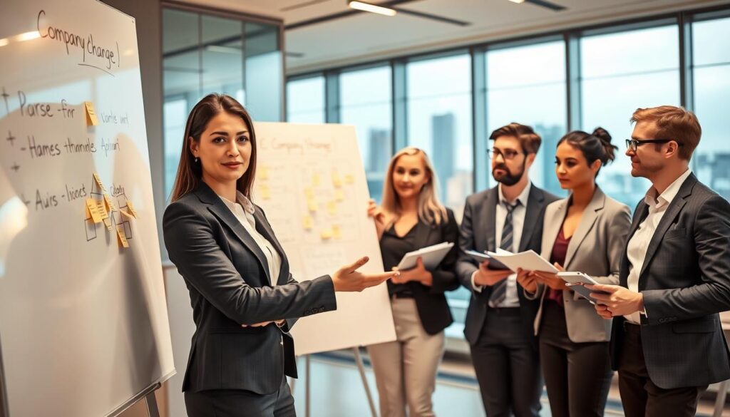 A modern office environment featuring a diverse group of professionals engaged in a discussion about company name change. In the foreground, a confident woman in a tailored business suit is pointing at a whiteboard filled with brainstorming ideas and sticky notes. In the middle, three colleagues, also in business attire, are observing intently, holding notebooks and pens. The background showcases a sleek, well-lit office with large windows revealing a city skyline, adding a sense of ambition and progress. The atmosphere is focused and collaborative, with warm lighting highlighting the intensity of the conversation. The overall composition inspires thoughts about business evolution and decision-making.