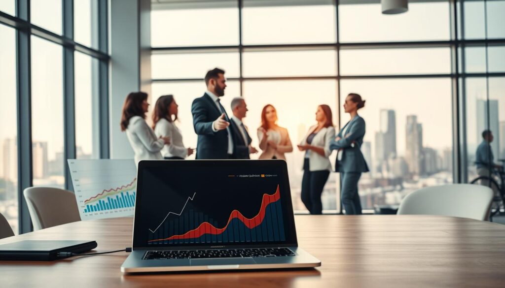 A modern office environment featuring a professional setting that conveys the essence of a company known for its innovative reputation. In the foreground, a neatly arranged desk with a laptop open, showcasing a visually striking graph that represents growth and customer satisfaction. In the middle, a group of diverse professionals dressed in business attire engaged in a discussion, gesturing towards a digital display that highlights key information about the company. The background consists of large windows with natural light flooding the room, providing a view of a bustling city skyline, symbolizing global presence. The mood is collaborative and optimistic, with soft, warm lighting that creates an inviting atmosphere. Use a wide-angle lens to capture the full scope of the workspace, enhancing the sense of scale and professionalism.