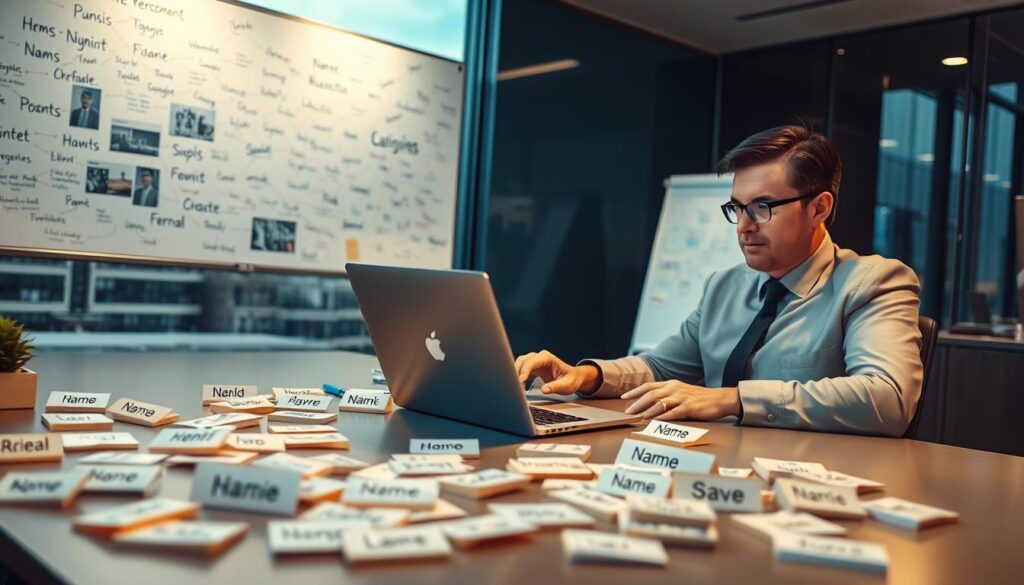 A modern office environment focusing on a professional evaluating company name options. In the foreground, a well-dressed business professional, a middle-aged man with glasses, is seated at a sleek desk with a laptop open, displaying various name suggestions. In the middle ground, an assortment of name tags and post-it notes with potential names scattered around, symbolizing the brainstorming process. The background features a large whiteboard filled with brainstorming notes and a cityscape visible through a window, representing a business atmosphere. Soft, ambient lighting casts a warm glow, enhancing a serious yet creative mood. The angle captures the workspace from a slight elevation, providing a comprehensive view of the scene, emphasizing focus and professionalism.