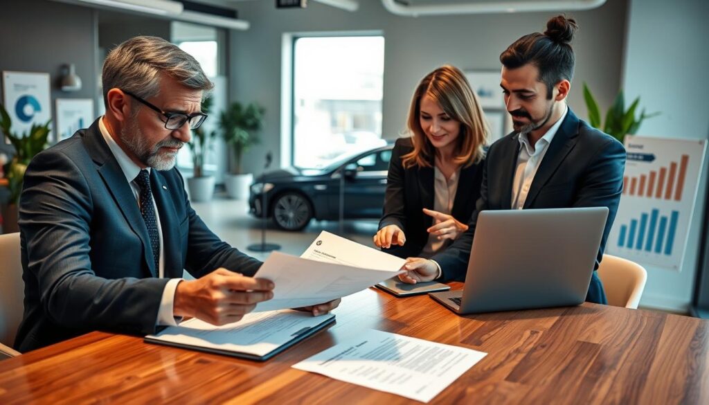 A modern office environment showcasing a business leasing process. In the foreground, a man in a professional suit reviews paperwork involving a vehicle leasing contract on a polished wooden desk, his expression focused and determined. Beside him, a woman in smart business attire is discussing terms with him, pointing at a laptop displaying leasing options. In the middle ground, a large window lets in natural light, revealing a sleek car parked outside the office building, symbolizing the outcome of the leasing process. The background should feature stylish office decor with plants and charts demonstrating business growth. The atmosphere is professional and optimistic, with warm lighting emphasizing collaboration and achievement. A modern office environment showcasing a business leasing process. In the foreground, a man in a professional suit reviews paperwork involving a vehicle leasing contract on a polished wooden desk, his expression focused and determined. Beside him, a woman in smart business attire is discussing terms with him, pointing at a laptop displaying leasing options. In the middle ground, a large window lets in natural light, revealing a sleek car parked outside the office building, symbolizing the outcome of the leasing process. The background should feature stylish office decor with plants and charts demonstrating business growth. The atmosphere is professional and optimistic, with warm lighting emphasizing collaboration and achievement.