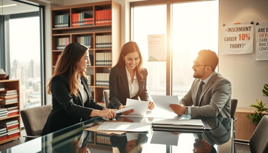 A modern office environment showcasing a career in accounting. In the foreground, a diverse group of three professionals dressed in smart business attire—two women and one man—enthusiastically discussing financial documents at a sleek glass table. The middle layer features a large window with a city skyline view, bright sunlight illuminating the space, creating a vibrant atmosphere. In the background, a well-organized bookshelf filled with accounting textbooks and motivational posters about career growth. The lighting is bright and cheerful, emphasizing productivity and professionalism. The scene conveys a sense of opportunity, teamwork, and the promising future of a career in accounting. A modern office environment showcasing a career in accounting. In the foreground, a diverse group of three professionals dressed in smart business attire—two women and one man—enthusiastically discussing financial documents at a sleek glass table. The middle layer features a large window with a city skyline view, bright sunlight illuminating the space, creating a vibrant atmosphere. In the background, a well-organized bookshelf filled with accounting textbooks and motivational posters about career growth. The lighting is bright and cheerful, emphasizing productivity and professionalism. The scene conveys a sense of opportunity, teamwork, and the promising future of a career in accounting.