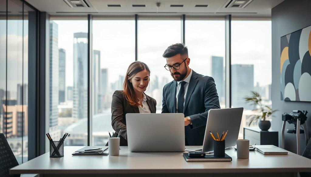 A modern office environment showcasing a corporate meeting setting that reflects the essence of CMP, a company related to technology or industry. In the foreground, two professional-looking individuals in business attire are engaged in discussion over a laptop, indicating teamwork and collaboration. In the middle ground, large glass windows reveal a bustling cityscape outside, symbolizing progress and innovation. Soft, natural lighting streams in, creating a warm and inviting atmosphere, while a clean desk adorned with modern office supplies lends a sense of organization. The background features abstract art on the walls, emphasizing creativity. The overall mood is one of professionalism and advancement, ideal for illustrating the concept of a reliable and forward-thinking company. A modern office environment showcasing a corporate meeting setting that reflects the essence of CMP, a company related to technology or industry. In the foreground, two professional-looking individuals in business attire are engaged in discussion over a laptop, indicating teamwork and collaboration. In the middle ground, large glass windows reveal a bustling cityscape outside, symbolizing progress and innovation. Soft, natural lighting streams in, creating a warm and inviting atmosphere, while a clean desk adorned with modern office supplies lends a sense of organization. The background features abstract art on the walls, emphasizing creativity. The overall mood is one of professionalism and advancement, ideal for illustrating the concept of a reliable and forward-thinking company.