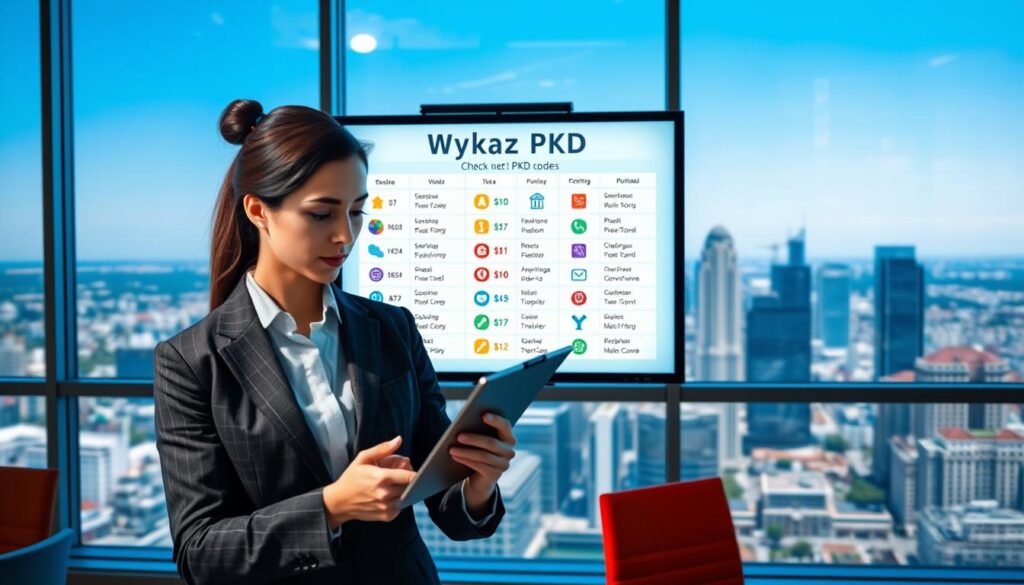 A modern office environment showcasing a digital display board highlighting the "Wykaz PKD" (Polish Classification of Activities). In the foreground, a professional-looking individual in business attire is analyzing data on a tablet, to represent the process of checking PKD codes. They appear focused and engaged. In the middle ground, the digital display board prominently features various PKD codes, designed with colorful graphics and icons to visualize different sectors. In the background, large windows offer a panoramic view of a bustling cityscape under a clear blue sky, enhancing a sense of professionalism. The mood is informative and motivating, with bright, natural lighting illuminating the workspace, creating a clear and inviting atmosphere. The composition captures the essence of accessibility and organization in business data management.
