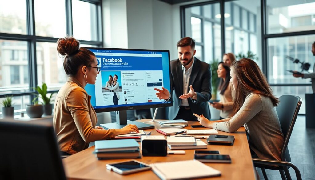 A modern office environment showcasing a diverse group of professionals collaboratively setting up a Facebook business profile on a large computer screen. In the foreground, a young woman in smart casual attire is focused on the screen, typing in company details with a thoughtful expression. Beside her, a man in a business suit gestures towards the display, illustrating key steps. The middle ground features a stylish desk cluttered with notebooks and digital devices, emphasizing an atmosphere of productivity. In the background, large windows allow natural light to flood the space, creating a bright and inviting ambiance. The overall mood is energetic and collaborative, reflecting the process of building an online business presence.