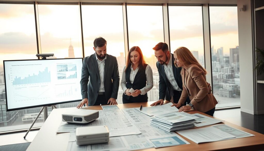 A modern office environment showcasing a team of diverse professionals engaged in a brainstorming session about real estate development financing. In the foreground, a group of three individuals—two men and one woman—are analyzing detailed financial documents and architectural blueprints on a large table. The middle ground features a digital projector displaying graphs and charts related to investment strategies. In the background, a panoramic window reveals a city skyline at sunset, casting warm golden light across the room. The atmosphere is focused and collaborative, with a sense of urgency and excitement about the investment potential. The professionals are dressed in smart business attire, reflecting their commitment to the project. The shot is taken at a slightly elevated angle to capture both the team and the skyline effectively. A modern office environment showcasing a team of diverse professionals engaged in a brainstorming session about real estate development financing. In the foreground, a group of three individuals—two men and one woman—are analyzing detailed financial documents and architectural blueprints on a large table. The middle ground features a digital projector displaying graphs and charts related to investment strategies. In the background, a panoramic window reveals a city skyline at sunset, casting warm golden light across the room. The atmosphere is focused and collaborative, with a sense of urgency and excitement about the investment potential. The professionals are dressed in smart business attire, reflecting their commitment to the project. The shot is taken at a slightly elevated angle to capture both the team and the skyline effectively.
