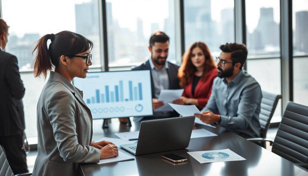 A modern office environment showcasing people engaged in discussions about business evaluations. In the foreground, a diverse group of professionals in business attire - a woman with glasses and a man with a laptop, looking at charts and graphs on a digital screen. In the middle, a sleek conference table with documents and a smartphone, suggesting an analysis of business data. The background features a large window with a view of a city skyline, bright natural light streaming in, creating an uplifting atmosphere. Soft, focused lighting highlights the subjects, while a shallow depth of field keeps the emphasis on their collaborative efforts. The overall mood is professional and insightful, reflecting a setting where businesses are assessed and ranked.