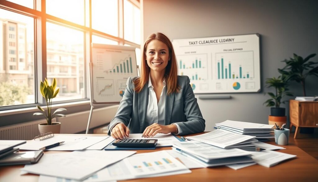 A modern office environment showcasing the aspects of taxation related to a cleaning business. In the foreground, a professional woman dressed in smart business attire sits at a desk covered with documents, calculator, and financial reports, emphasizing the concept of tax calculations for her cleaning company. In the middle, a whiteboard displays charts and figures about income and expenses related to the cleaning industry. In the background, large windows let in natural light, illuminating the space and adding a bright, optimistic atmosphere. Capture the scene with a warm color palette to convey a sense of professionalism and diligence, shot from slightly above eye level to provide a comprehensive view of the workspace.