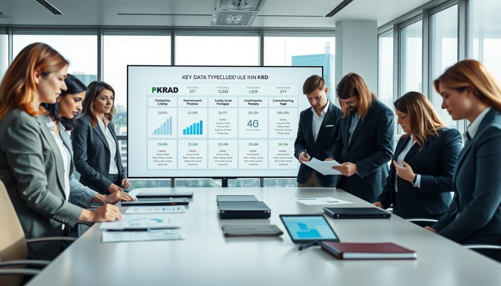 A modern office environment showcasing the concept of the Krajowy Rejestr Długów (National Debt Register) in Poland. In the foreground, a diverse group of professionals in business attire, such as suits and blouses, are gathered around a sleek conference table, examining documents and digital devices displaying graphs and statistics. In the middle ground, a large screen shows an infographic summarizing key data types included in the KRD, such as debt amounts, payer information, and credit history. The background features a panoramic window with a cityscape view, emphasizing a bright and optimistic atmosphere. Natural light floods the room, creating a sense of clarity and professionalism. The image captures a mood of diligence and responsibility, suitable for a financial context. A modern office environment showcasing the concept of the Krajowy Rejestr Długów (National Debt Register) in Poland. In the foreground, a diverse group of professionals in business attire, such as suits and blouses, are gathered around a sleek conference table, examining documents and digital devices displaying graphs and statistics. In the middle ground, a large screen shows an infographic summarizing key data types included in the KRD, such as debt amounts, payer information, and credit history. The background features a panoramic window with a cityscape view, emphasizing a bright and optimistic atmosphere. Natural light floods the room, creating a sense of clarity and professionalism. The image captures a mood of diligence and responsibility, suitable for a financial context.