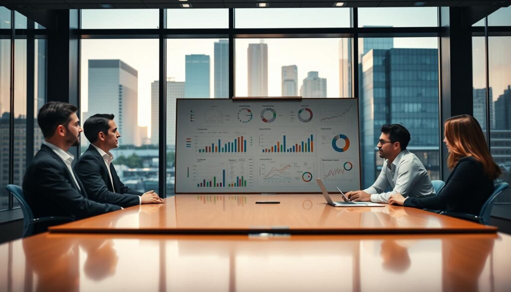 A modern office environment showcasing the essence of a company named "Lehmann". In the foreground, a diverse group of three professionals—two men and one woman—are engaged in a lively discussion around a polished conference table; they wear smart business attire. The middle layer features a large whiteboard filled with charts and data analytics that represent the company's operations. In the background, expansive windows reveal a city skyline bathed in warm afternoon light, casting soft, inviting shadows. The mood is collaborative and focused, embodying a sense of innovation and professionalism. The camera angle is slightly elevated, capturing both the teamwork in the foreground and the inspiring view outside, creating a dynamic composition.
