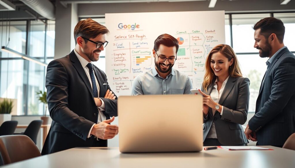 A modern office environment with a friendly, professional atmosphere. In the foreground, a diverse group of three business people, two men and one woman, dressed in smart business attire, are engaged in a collaborative discussion over a laptop displaying a Google search page. The middle ground features a large whiteboard filled with colorful charts and notes about improving online visibility, such as SEO strategies, keywords, and social media tips. In the background, large windows allow natural light to flood in, creating a bright and inspiring workspace. The mood is positive and energetic, reflecting a proactive approach to enhancing business visibility in Google. The perspective is slightly angled to capture both the group interacting and the vibrant office space.