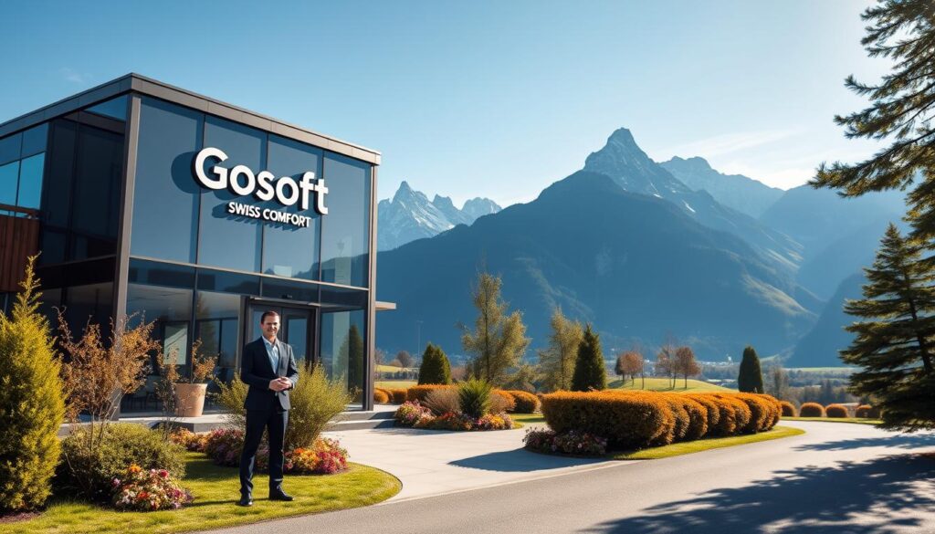 A modern office exterior showcasing "Gosoft Swiss Comfort" in a picturesque Swiss landscape. The foreground features the sleek, glass-fronted building adorned with the company's logo, emphasizing a professional environment. The middle ground includes well-manicured gardens and a serene pathway leading to the entrance, reflecting a welcoming atmosphere. In the background, majestic Swiss mountains rise under a clear blue sky, filling the scene with natural beauty. The lighting is soft, creating a calm and serene mood, while the perspective is slightly elevated, capturing the harmonious blend of the building with its stunning surroundings. A professional employee in business attire stands near the entrance, exuding confidence and approachability.