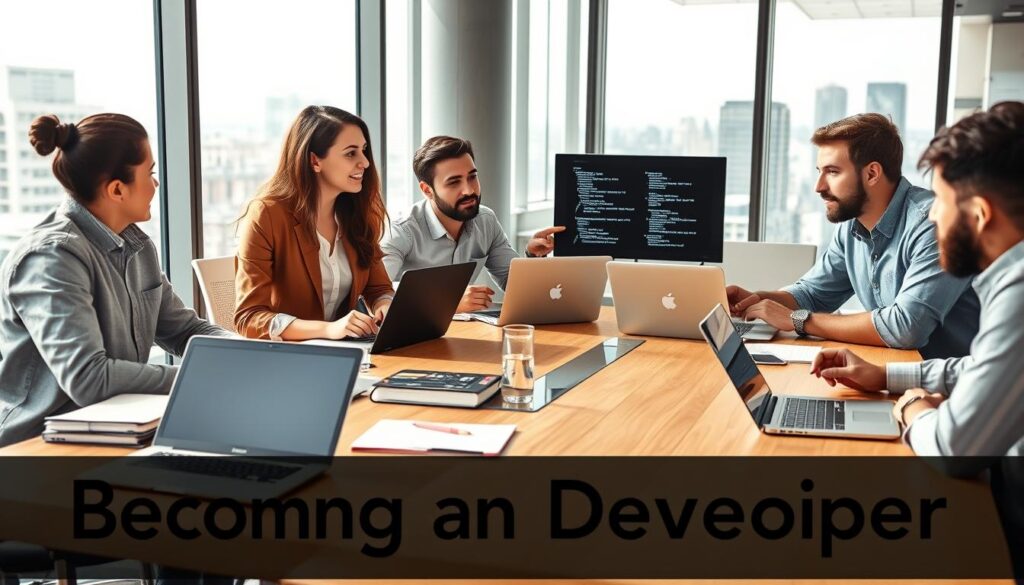 A modern office scene depicting a diverse group of aspiring developers collaborating around a large conference table laden with laptops, notebooks, and coding books. In the foreground, a woman in smart casual attire discusses a project with two men, one taking notes while the other points at a laptop screen displaying lines of code. In the middle ground, a large window lets in natural light, providing a bright and inviting atmosphere, with cityscape views in the background. Soft, warm lighting creates a motivational ambiance, emphasizing teamwork and innovation. The image conveys a sense of focus, ambition, and the steps towards becoming a developer, without any text or distractions, just a professional and engaging work environment. A modern office scene depicting a diverse group of aspiring developers collaborating around a large conference table laden with laptops, notebooks, and coding books. In the foreground, a woman in smart casual attire discusses a project with two men, one taking notes while the other points at a laptop screen displaying lines of code. In the middle ground, a large window lets in natural light, providing a bright and inviting atmosphere, with cityscape views in the background. Soft, warm lighting creates a motivational ambiance, emphasizing teamwork and innovation. The image conveys a sense of focus, ambition, and the steps towards becoming a developer, without any text or distractions, just a professional and engaging work environment.