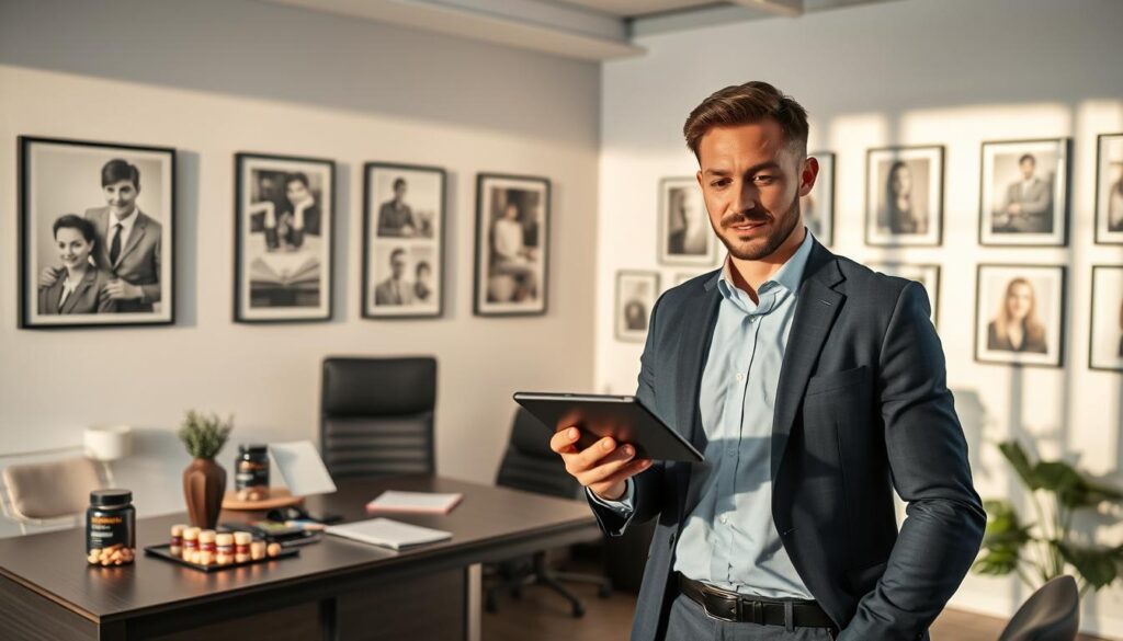 A modern office setting depicting the history and profile of Activlab. Foreground: a confident business professional in smart attire, engaging with a digital tablet displaying Activlab’s logo. Middle ground: a sleek desk with company history documents and product samples, reflecting the brand's evolution in nutrition and fitness supplements. Background: a wall adorned with framed photographs showcasing key milestones of Activlab, including its founding and notable achievements. Soft, natural lighting illuminates the scene, casting gentle shadows and creating a warm, inviting atmosphere. Wide-angle perspective to enhance the sense of space, conveying a professional yet dynamic vibe that emphasizes the company’s growth and innovation in the health industry. A modern office setting depicting the history and profile of Activlab. Foreground: a confident business professional in smart attire, engaging with a digital tablet displaying Activlab’s logo. Middle ground: a sleek desk with company history documents and product samples, reflecting the brand's evolution in nutrition and fitness supplements. Background: a wall adorned with framed photographs showcasing key milestones of Activlab, including its founding and notable achievements. Soft, natural lighting illuminates the scene, casting gentle shadows and creating a warm, inviting atmosphere. Wide-angle perspective to enhance the sense of space, conveying a professional yet dynamic vibe that emphasizes the company’s growth and innovation in the health industry.