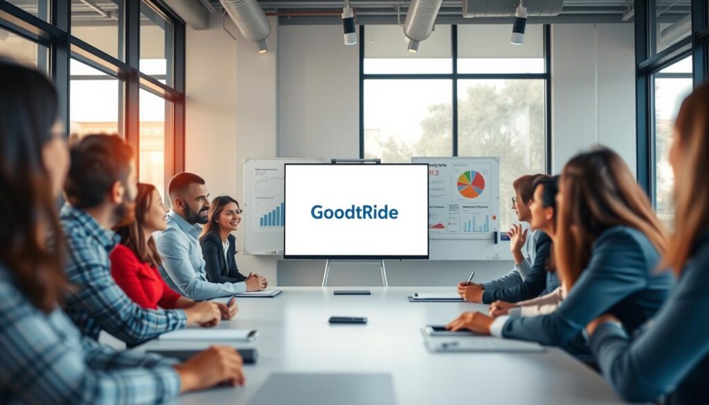 A modern office setting featuring a diverse group of professionals gathered around a conference table, depicting a collaborative atmosphere. In the foreground, a well-dressed middle-aged man is presenting a slide about Goodride, showcasing their logo prominently. The middle ground reveals a whiteboard filled with charts and notes, indicating company performance and market analysis. In the background, large windows allow natural light to pour into the room, creating a bright and vibrant environment. Soft, warm lighting enhances the inviting mood, while a slight depth of field focuses on the presentation, blurring the background slightly for emphasis. The overall feel is one of professionalism, innovation, and teamwork.