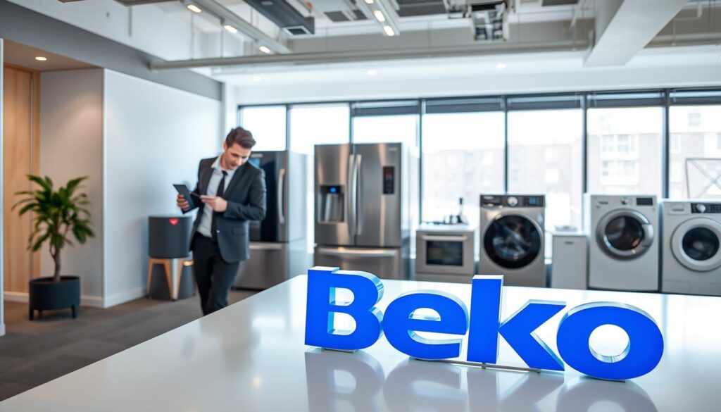 A modern office setting featuring the Beko logo prominently displayed on a sleek, minimalistic desk. In the foreground, a confident business professional, dressed in smart casual attire, examines a high-tech appliance, symbolizing the innovative nature of Beko products. In the middle ground, various Beko appliances are showcased, including a refrigerator and a washing machine, reflecting the company's focus on home electronics. The background shows large windows with natural light streaming in, accentuating the open atmosphere of the office space. The color palette includes cool blues and whites, creating a clean, professional look. The overall mood is one of sophistication and reliability, aligning with Beko's brand image as a leading global home appliances manufacturer. A modern office setting featuring the Beko logo prominently displayed on a sleek, minimalistic desk. In the foreground, a confident business professional, dressed in smart casual attire, examines a high-tech appliance, symbolizing the innovative nature of Beko products. In the middle ground, various Beko appliances are showcased, including a refrigerator and a washing machine, reflecting the company's focus on home electronics. The background shows large windows with natural light streaming in, accentuating the open atmosphere of the office space. The color palette includes cool blues and whites, creating a clean, professional look. The overall mood is one of sophistication and reliability, aligning with Beko's brand image as a leading global home appliances manufacturer.