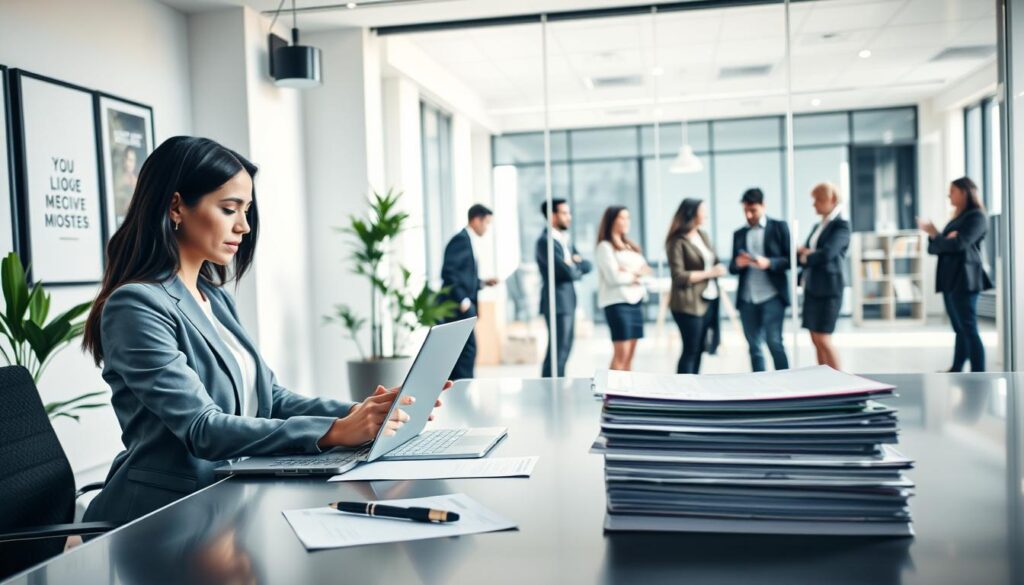 A modern office setting focused on the "company registration process". In the foreground, a professional woman in business attire sits at a sleek desk with a laptop open, typing and reviewing documents. Beside her, a stack of business registration forms and a pen are neatly organized. In the middle, a large window allows natural light to flood the room, illuminating architectural details such as framed motivational posters and a potted plant. The background shows a glass wall where a diverse group of professionals in business attire discuss and collaborate, symbolizing teamwork and entrepreneurship. The atmosphere is vibrant and focused, conveying determination and professionalism, with soft, diffused lighting that creates an inviting yet productive ambiance.