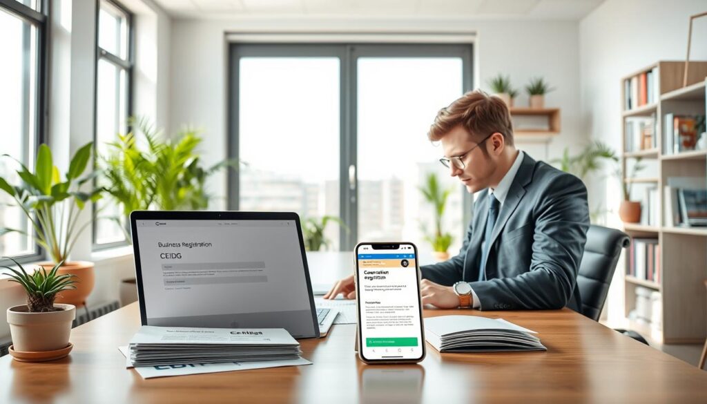 A modern office setting illustrating the concept of the Central Register and Information on Economic Activity (CEIDG). In the foreground, a professional businessperson in smart attire is seated at a desk, intently studying a laptop displaying a CEIDG application interface. In the middle, there are neatly arranged documents about business registration, along with a smartphone showcasing the CEIDG website. The background features a large window with natural light flooding in, giving a bright and inviting atmosphere. The office is decorated with potted plants and a bookshelf filled with business literature, contributing to a productive mood. The overall composition emphasizes efficiency and professionalism, capturing the essence of starting a business online.