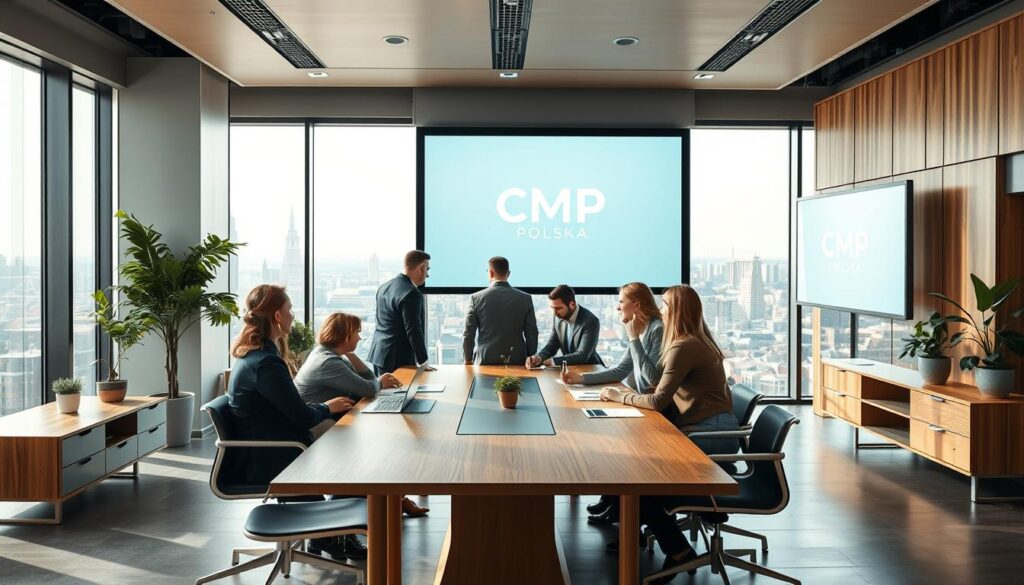 A modern office setting representing CMP Polska, with sleek, minimalist furniture made of wood and glass. In the foreground, a diverse group of professionals in business attire are engaged in a discussion around a large conference table, depicting collaboration and innovation. The middle ground features a large window showcasing a panoramic view of a vibrant cityscape, hinting at Poland's urban development. Soft, natural lighting pours in, creating an inviting atmosphere. In the background, a digital screen displays the CMP logo subtly, reinforcing the company's identity. The mood is focused and professional, emphasizing a sense of teamwork and forward-thinking in a corporate environment. A modern office setting representing CMP Polska, with sleek, minimalist furniture made of wood and glass. In the foreground, a diverse group of professionals in business attire are engaged in a discussion around a large conference table, depicting collaboration and innovation. The middle ground features a large window showcasing a panoramic view of a vibrant cityscape, hinting at Poland's urban development. Soft, natural lighting pours in, creating an inviting atmosphere. In the background, a digital screen displays the CMP logo subtly, reinforcing the company's identity. The mood is focused and professional, emphasizing a sense of teamwork and forward-thinking in a corporate environment.