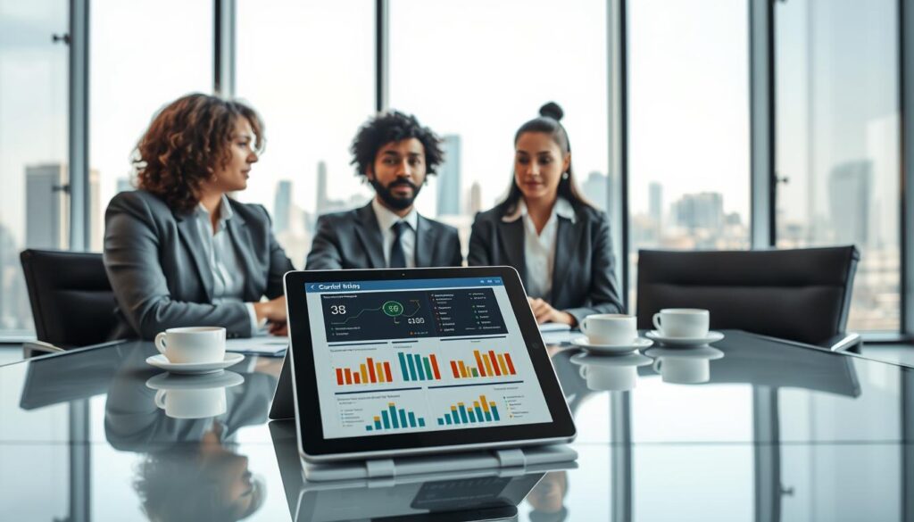 A modern office setting showcasing a business meeting focused on evaluating the services offered by a fictional company, Briciole. In the foreground, a diverse group of three professionals in business attire are engaged in a discussion, with a digital tablet open on the table displaying charts and reviews of Briciole. In the middle ground, a sleek glass conference table with papers and cups of coffee creates a collaborative atmosphere. In the background, large windows let in natural light, illuminating a city skyline, symbolizing Briciole’s impact. The scene conveys a serious yet optimistic mood, emphasizing analysis and professional growth. Use soft lighting to create an inviting ambiance. Capture from a slightly elevated angle to include all subjects and their interactions.