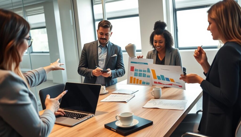 A modern office setting, showcasing a diverse group of three professionals engaged in a brainstorming session for starting a business. In the foreground, a woman in business attire is pointing at a laptop screen displaying entrepreneurial resources. A man in a suit is jotting down notes on a notepad, while another woman in smart casual clothing is thoughtfully examining a colorful chart. The middle ground includes a stylish conference table adorned with documents, a laptop, and coffee cups. The background features large windows with natural light pouring in, illuminating the space with a warm, inviting atmosphere. The scene conveys a sense of collaboration, innovation, and excitement about entrepreneurship, captured from a slightly elevated angle to provide a clear view of the team dynamics. A modern office setting, showcasing a diverse group of three professionals engaged in a brainstorming session for starting a business. In the foreground, a woman in business attire is pointing at a laptop screen displaying entrepreneurial resources. A man in a suit is jotting down notes on a notepad, while another woman in smart casual clothing is thoughtfully examining a colorful chart. The middle ground includes a stylish conference table adorned with documents, a laptop, and coffee cups. The background features large windows with natural light pouring in, illuminating the space with a warm, inviting atmosphere. The scene conveys a sense of collaboration, innovation, and excitement about entrepreneurship, captured from a slightly elevated angle to provide a clear view of the team dynamics.